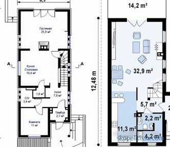 Projekty jednopodlažních domů pro úzké prostory, plánování, schémata, fotografie v katalogu