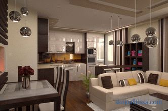 Design kuchyně s jídelnou a obývacím pokojem v soukromém domě: fotografie plánovacích nápadů